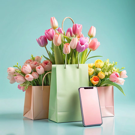 Tulips in shopping bags, with a phone, against a soft blue backdrop. Floral gift, spring vibesの素材