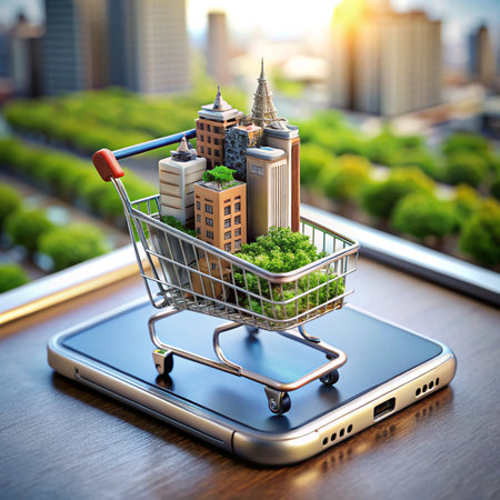 Miniature city in cart atop phone. Urban scene blurred behindの素材