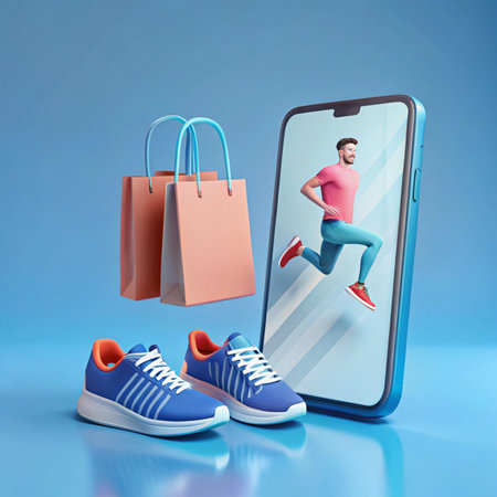 Digital shopping concept Running man on phone display with bags, shoesの素材