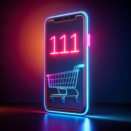 Glowing phone screen displays 111 and a shopping cart outlined in neonの素材