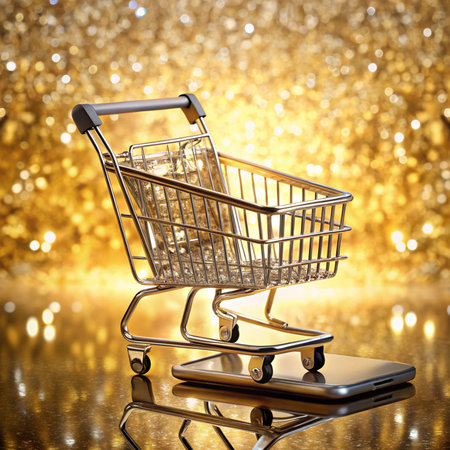 Mini shopping cart rests on phone; golden bokeh backgroundの素材