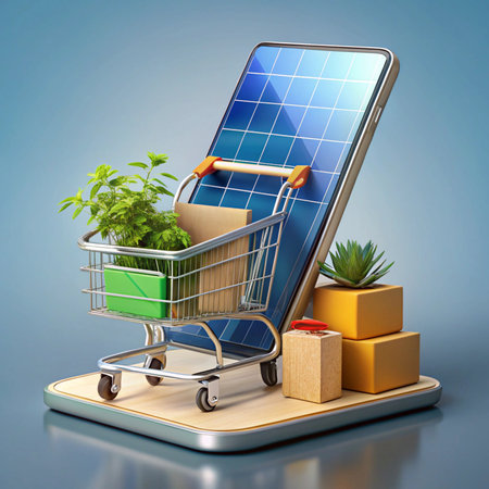 Mobile shopping concept cart with greenery, boxes on solar panel phone, reflecting surfaceの素材