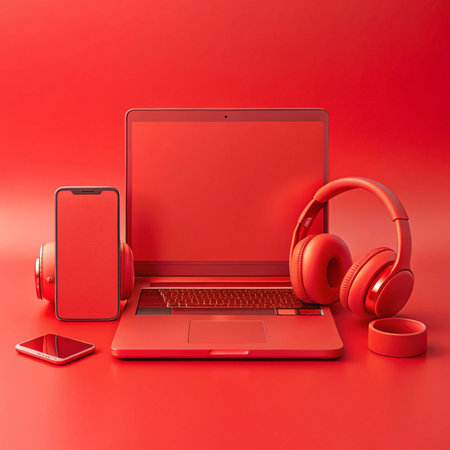 Red gadgets laptop, phone, headphones, and watch against a red backgroundの素材