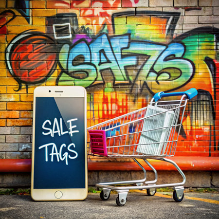 Online shopping concept smartphone with shopping cart by graffiti wallの素材