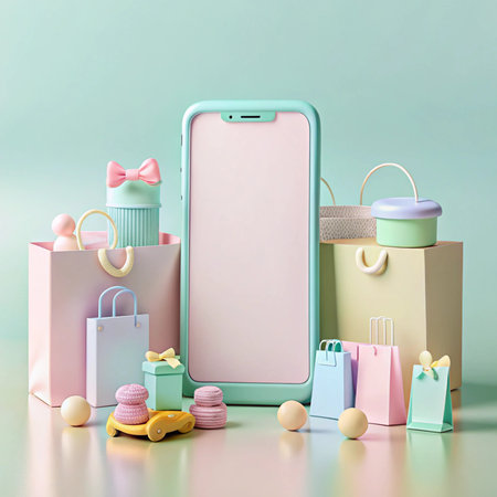 Pastel phone with gift bags. Presents are stacked in front, on a light backgroundの素材