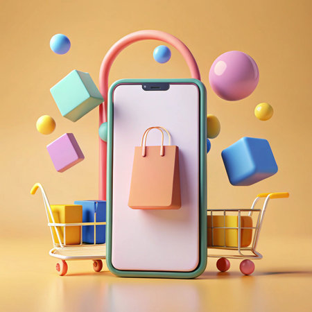 Shopping online with a phone, carts and colorful shapes against a simple backgroundの素材