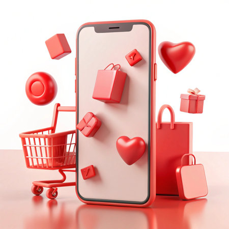 Red phone with shopping cart, bags, gifts, and hearts floating around the screenの素材