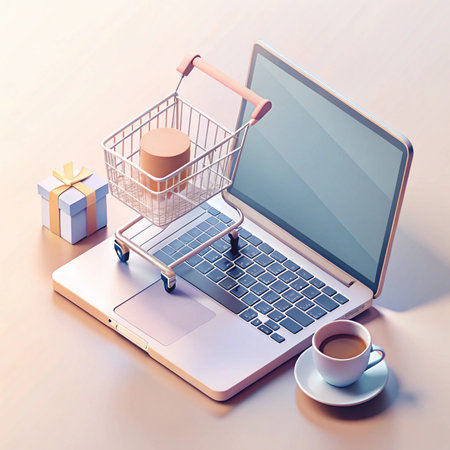 Online shopping render Laptop with cart, gift box, and coffee cupの素材