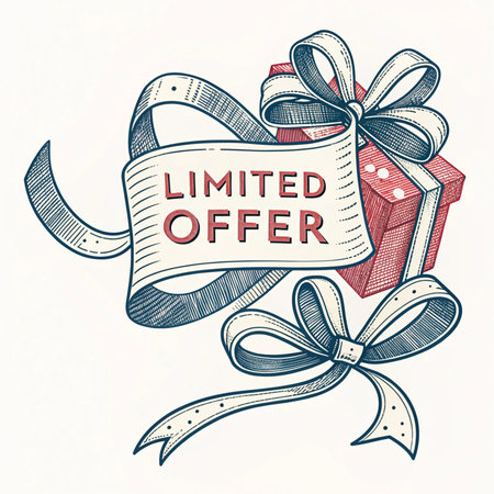 Present with ribbon. Limited offer text. Hand-drawn sketch style. Holiday theme and celebratoryの素材