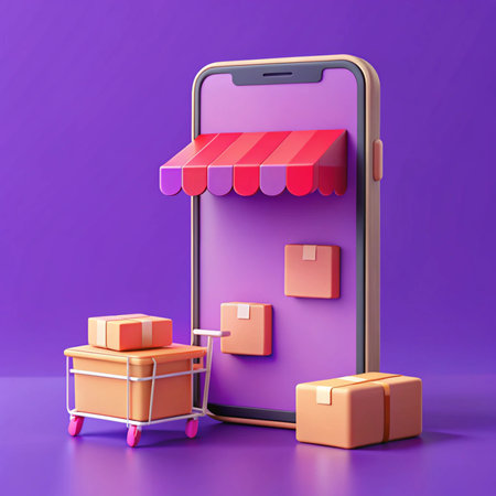 Online shop on phone, packages on cart, purple background. Cute 3D illustration of e-commerce conceptの素材