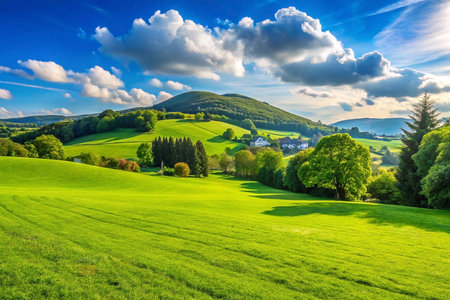 Sunny spring meadow, rolling hills, village, blue sky, idyllic landscape, tourismの素材