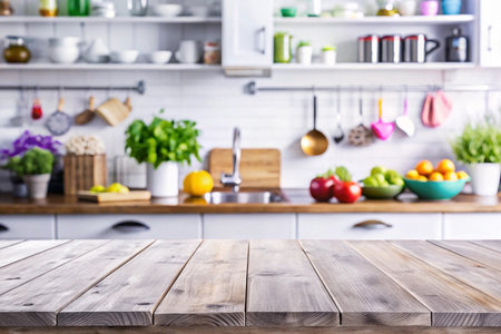 Rustic wooden table, colorful kitchen backdrop, food preparation, home cookingの素材