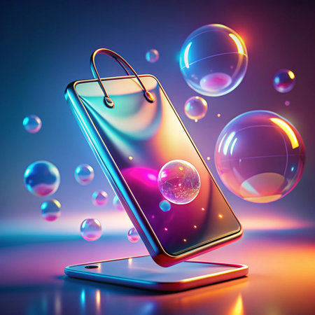 Glowing phone with bag handles and transparent spheres floating around itの素材