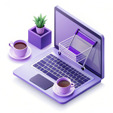 Isometric view of a laptop showing online shopping with coffee and plantの素材