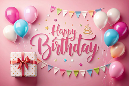 Pink background birthday balloons gift confetti celebration cardの素材