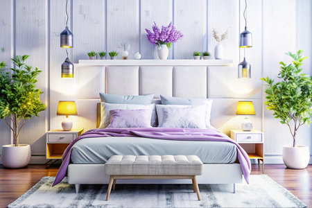 Serene bedroom design, purple linens, plants, mood lighting, modern home decorの素材
