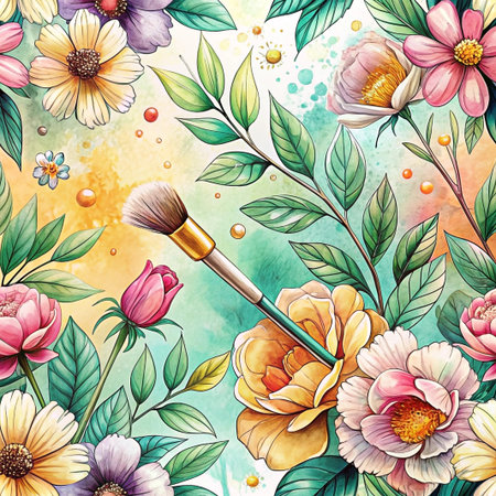 Watercolor floral brush design, paint splatters background, textile printの素材