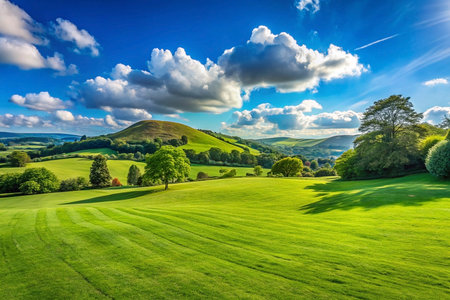 Sunny hillside golf course, rolling hills, vibrant green grass, summer sky, travel brochureの素材