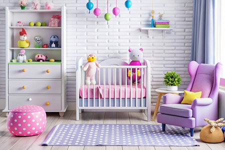 Girl's nursery, crib, toys, room, design, decor, white brick, interior, render, pastelの素材