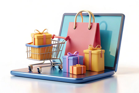 Online shopping gifts laptop cart white background ecommerceの素材
