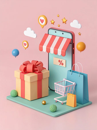 Mobile Shopping Gift, Sale, Pink Backgroundの素材