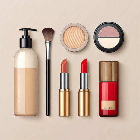 Beige background, makeup flatlay lotion, lipstick, brush, eyeshadow, compactの素材