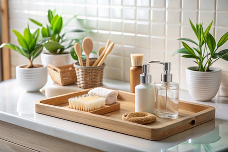 Bathroom Tray Eco-friendly bath products on wooden tray near plantsの素材