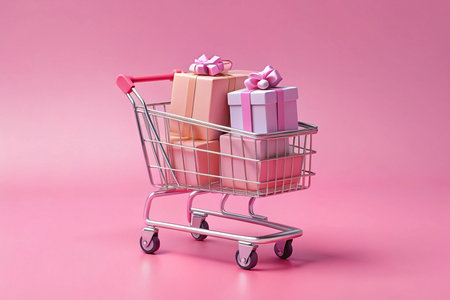 Pink shopping cart with gifts, pastel background, online shopping conceptの素材