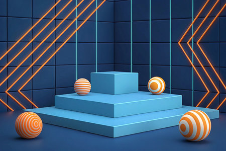 Blue product display stand, neon backdrop, 3D spheres, presentationの素材