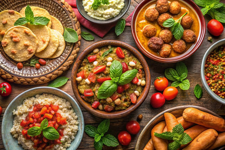 Diverse vegetarian Indian meal, overhead, rustic wood table, food blogの素材