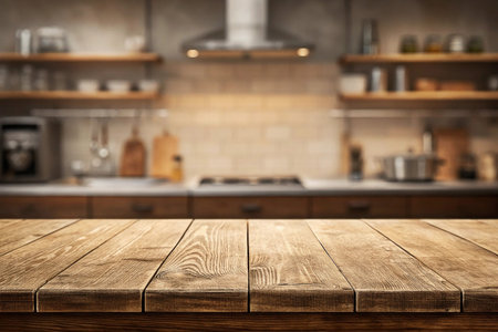Rustic wooden table, kitchen background, product display, cookingの素材