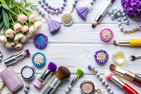 White wood table, makeup, jewelry, flowers, flatlay, beauty, spring, advertの素材