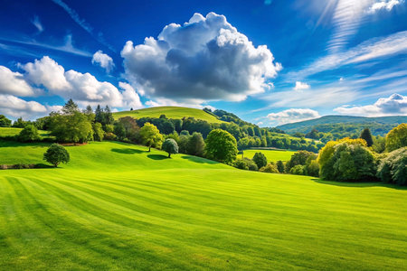 Sunny hillside golf course, vibrant green landscape, rolling hills, clear sky, idyllic scenery, travel brochureの素材