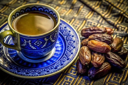 Dark coffee in a blue patterned cup and saucer with dates on a patterned cloth.の素材