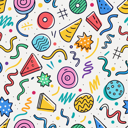 Vibrant, playful pattern with various shapes and doodlesの素材
