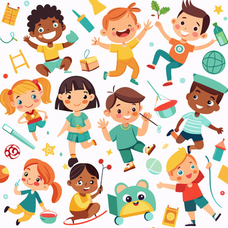 Children playing and learning in various activitiesの素材