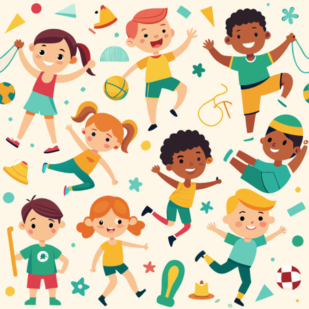 Children engaged in various playful sports and activitiesの素材