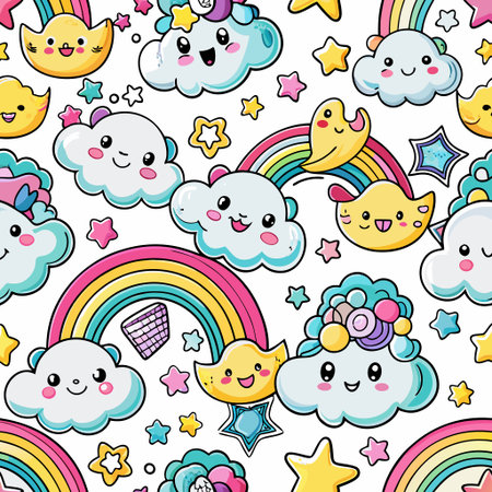 Cute cloud, rainbow, and moon pattern with kawaii styleの素材