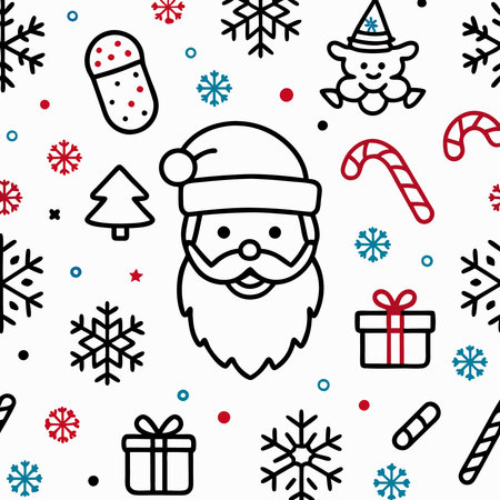 Festive Christmas outline pattern with Santa, snowflakes, candy canes, and giftsの素材