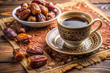 A cup of black coffee with dates on a patterned placemat.の素材