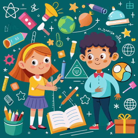 Kids collaborating on a science project, surrounded by educational suppliesの素材