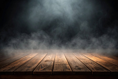Dark wooden table with smoky background, ideal for product placement.の素材