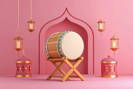Ramadan drum with lanterns on pink background.の素材