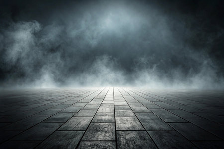 Dark smoky scene with illuminated stone floor.の素材