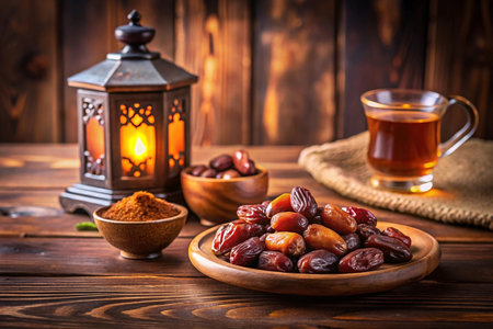 Dates, tea, and lantern on wooden table.の素材