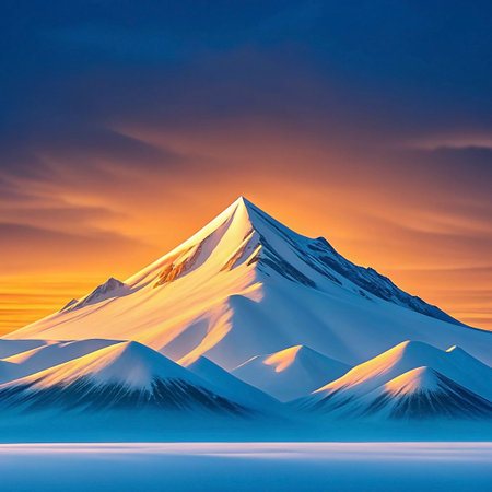 Majestic snow-capped mountain peak at sunset, illuminated by warm golden light.の素材