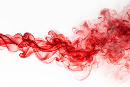 Abstract red smoke swirls on white background.の素材