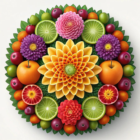 Vibrant circular arrangement of fruits, flowers, and leaves.の素材