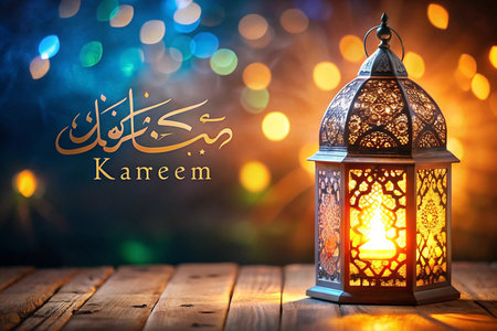 Ramadan Kareem greeting with lit lantern on wooden surface and bokeh background.の素材