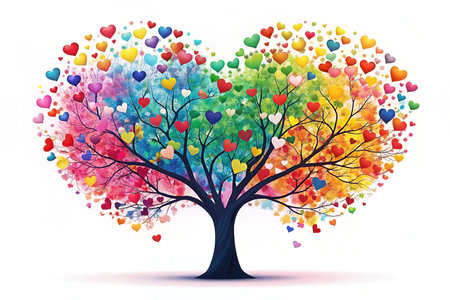 Colorful heart-shaped tree with rainbow hearts.の素材